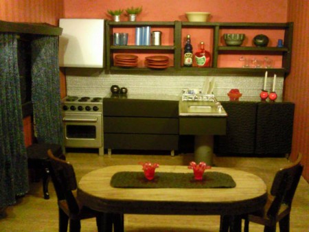 Köksinteriör samt köksbord, diskho och spis - Lundby